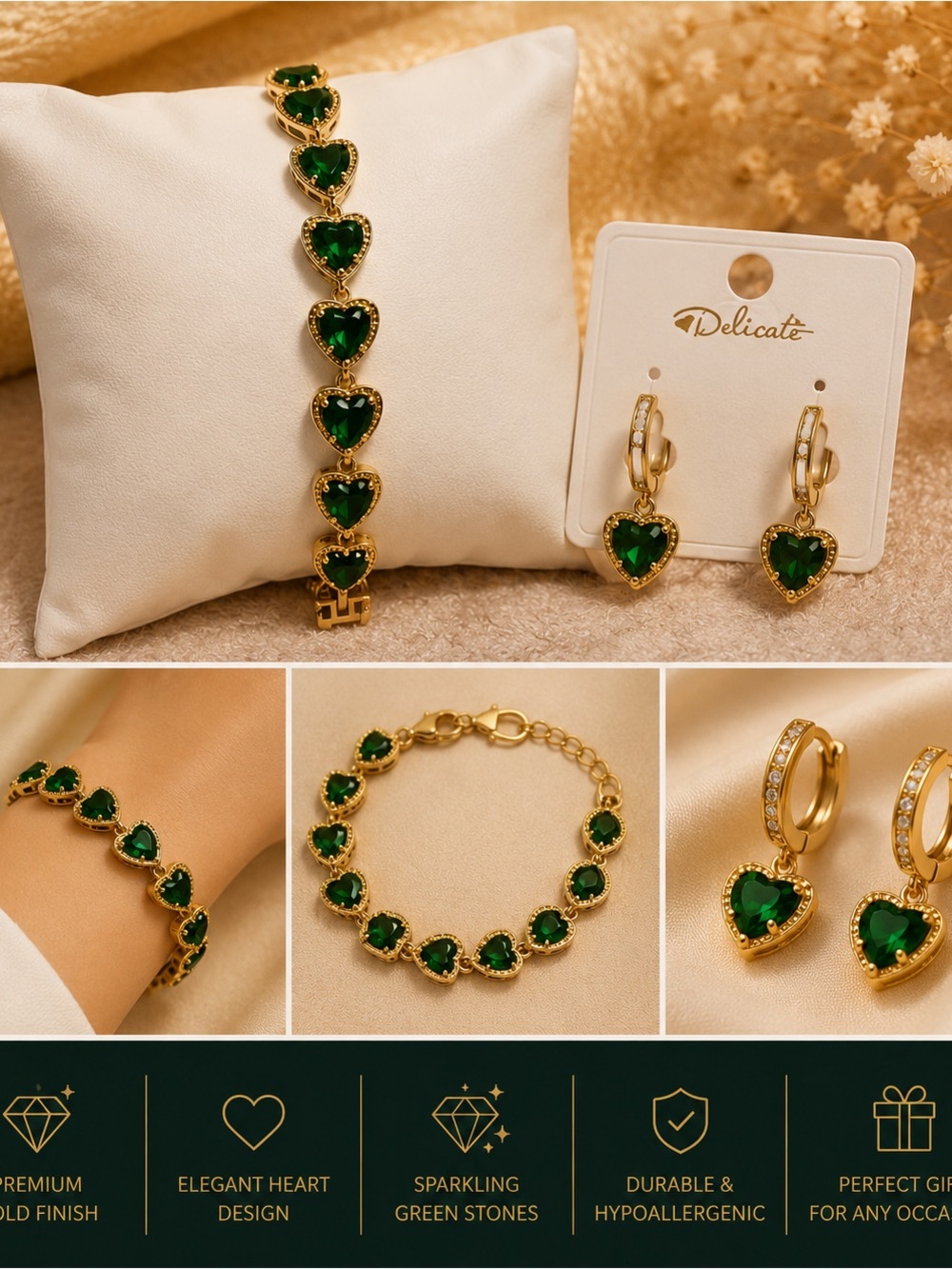 delicates Gold Heart Bracelet and Earrings with Emerald Green Stones